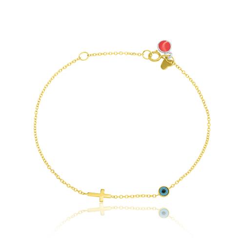 9K Yellow gold bracelet, cross and turquoise evil eye.