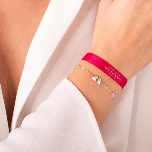 9K Yellow gold children's bracelet, white cubic zirconia cross, pink enamel heart and rainbow.