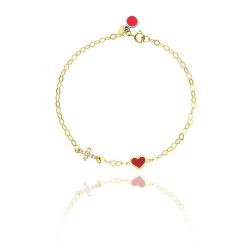 14K Yellow gold children's bracelet, white cubic zirconia cross and red enamel heart.