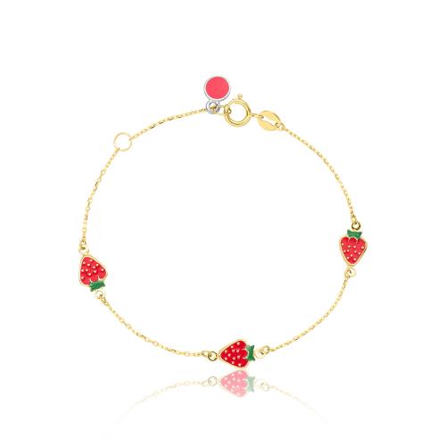 14K Yellow gold children's bracelet, red enamel strawberries.