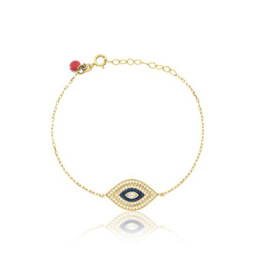 9K Yellow gold bracelet, white and blue cubic zirconia evil eye.