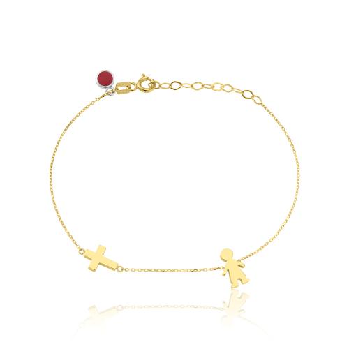 9K Yellow gold bracelet, little boy and cross.
