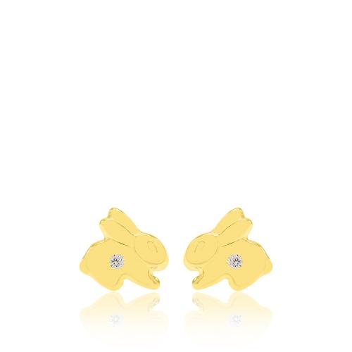 14K Yellow gold children's earrings, white cubic zirconia rabbit.