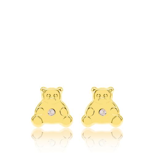 Παιδικά σκουλαρίκια κίτρινο χρυσό Κ14, αρκουδάκι με λευκό ζιργκόν.