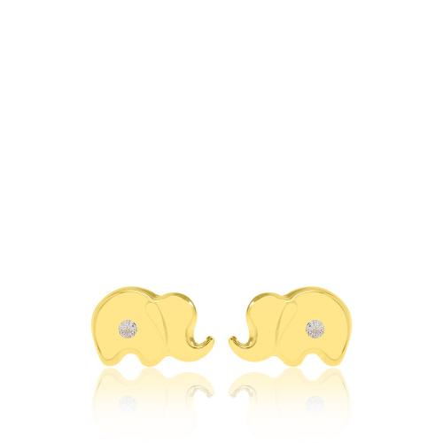 14K Yellow gold children's earrings, white cubic zirconia elephant.