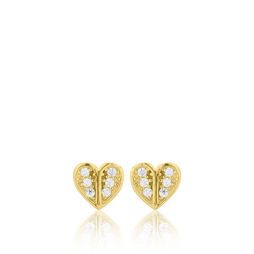 9K Yellow gold earrings, white cubic zirconia heart.