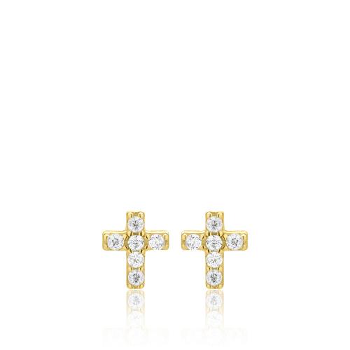9K Yellow gold earrings, white cubic zirconia cross.