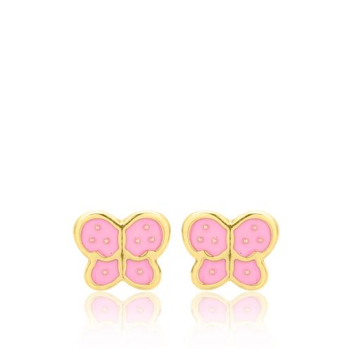 14K Yellow gold children"s earrings, pink enamel butterfly.