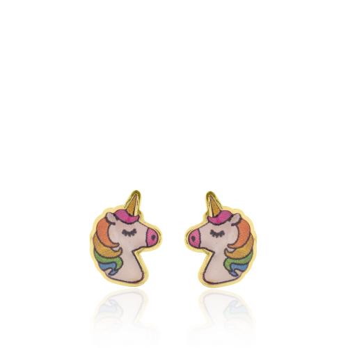 9K Yellow gold children's earrings, unicorn.