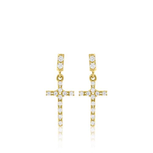 Σκουλαρίκια κίτρινο χρυσό Κ9, σταυρός με λευκά ζιργκόν.