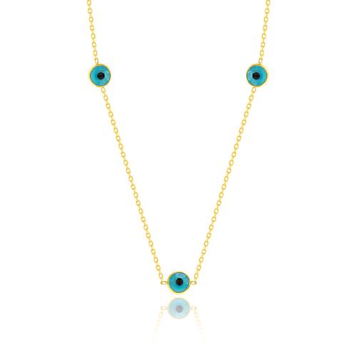 9K Yellow gold necklace, turquoise evil eyes.