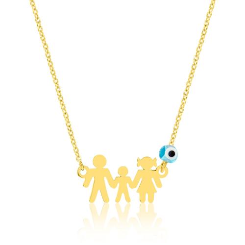 14K Yellow gold necklace, family with boy and evil eye.