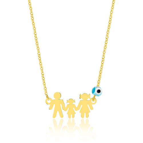 14K Yellow gold necklace, family with girl and evil eye.