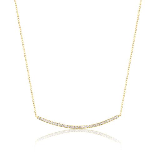 14K Yellow gold necklace, bar with diamonds.