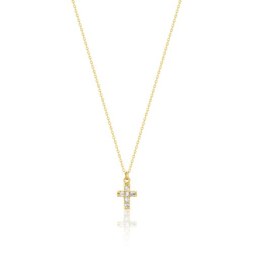 18K Yellow gold necklace, cross with white sapphires.