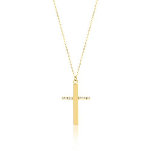 18K Yellow gold necklace, cross with diamonds.