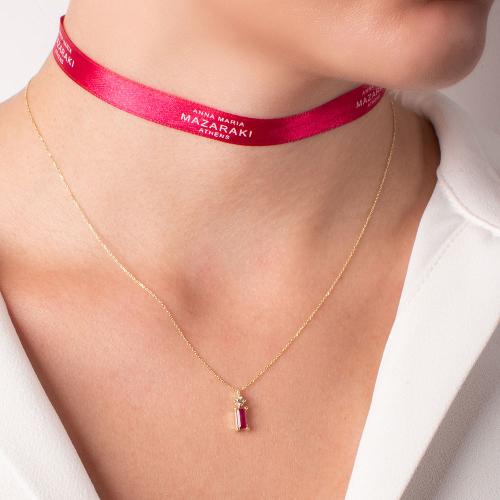 18K Yellow gold necklace, white sapphire and ruby.