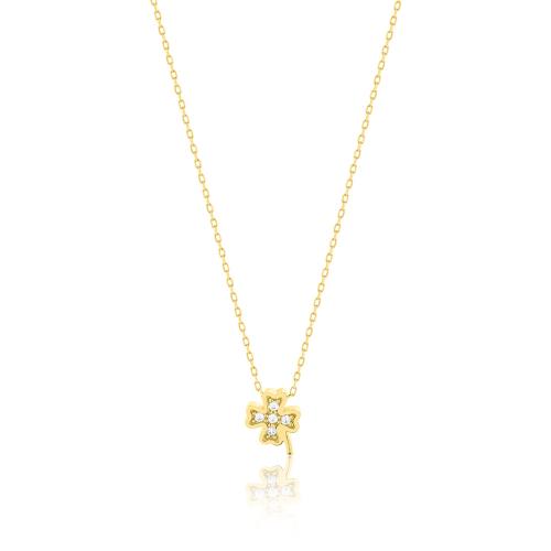 14K Yellow gold necklace, white cubic zirconia clover.
