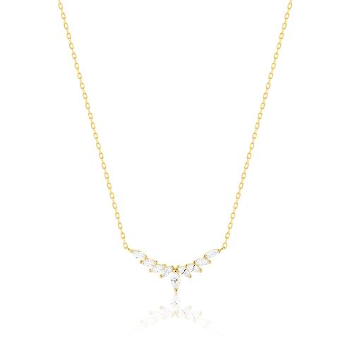 9K Yellow gold necklace, white cubic zirconia ovals.