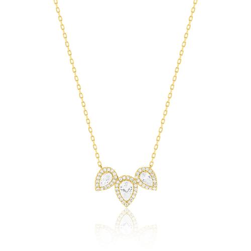 9K Yellow gold necklace, white cubic zirconia and solitaires teardrops.
