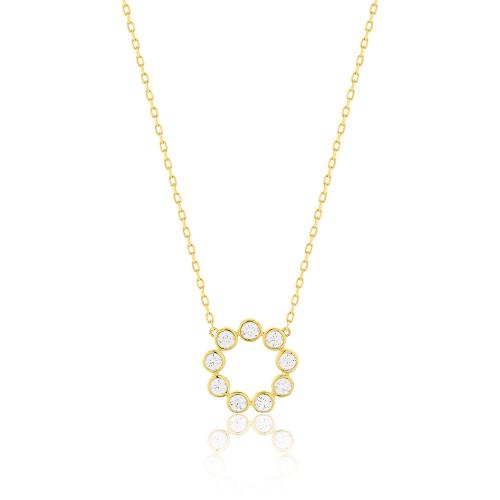 9K Yellow gold necklace, white cubic zirconia circle.