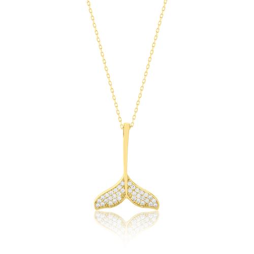 9K Yellow gold necklace, white cubic zirconia mermaid tale.