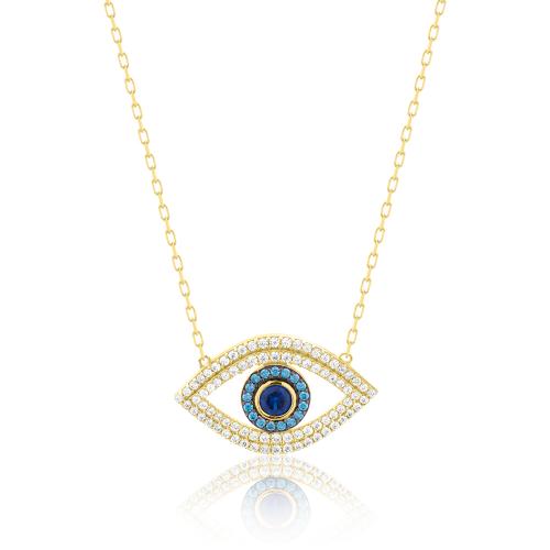 9K Yellow gold necklace, white and blue cubic zirconia evil eye.