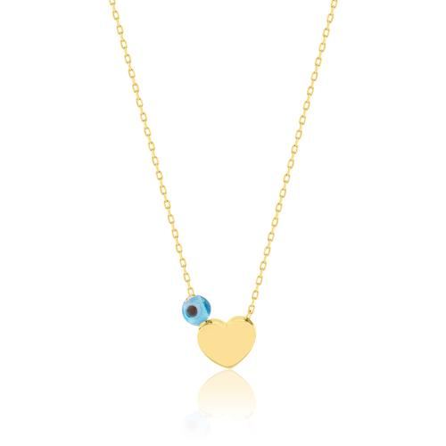 9K Yellow gold necklace, heart and evil eye.
