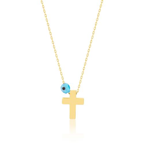 9K Yellow gold necklace, cross and evil eye.