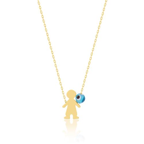 9K Yellow gold necklace, little boy and evil eye.