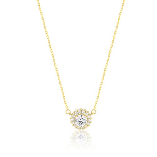9K Yellow gold necklace, white cubic zirconia rosette and solitaire.