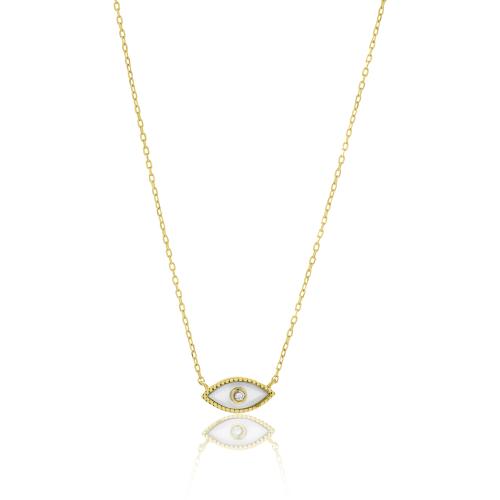 14K Yellow gold necklace, evil eye with mother of pearl and diamond.