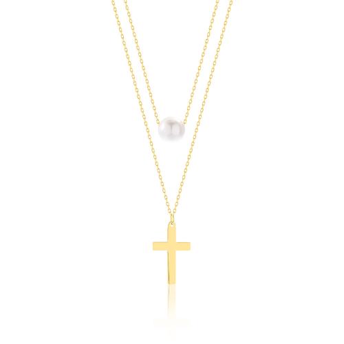 9K Yellow gold double necklace, cross and pearl.