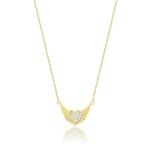 9K Yellow gold necklace, white cubic zirconia heart with wings.
