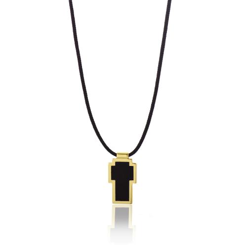 9K Yellow gold black cord necklace, double sided black enamel cross.
