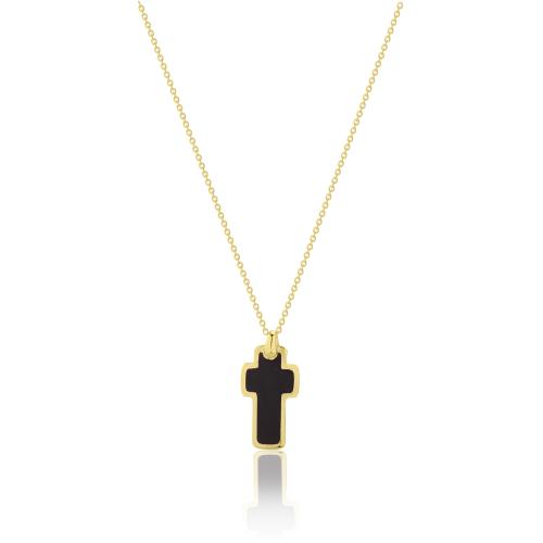 9K Yellow gold necklace, double sided black enamel cross.
