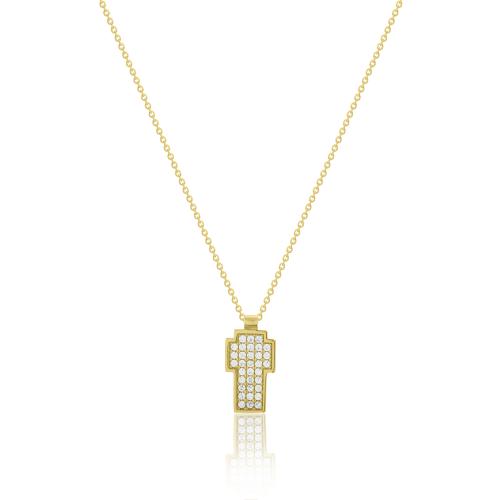 9K Yellow gold necklace, double sided black enamel and white cubic zirconia cross.