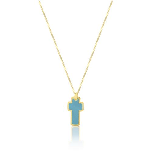9K Yellow gold necklace, double sided turquoise enamel cross.