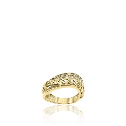 Δαχτυλίδι τριπλό κίτρινο χρυσό Κ9, λευκά ζιργκόν και αλυσίδα.