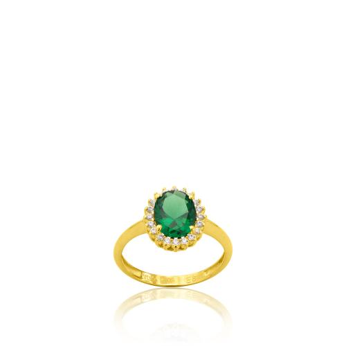 9K Yellow gold ring, white cubic zirconia and green solitaire.