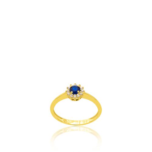 Δαχτυλίδι κίτρινο χρυσό Κ9, μπλε μονόπετρο και λευκά ζιργκόν.