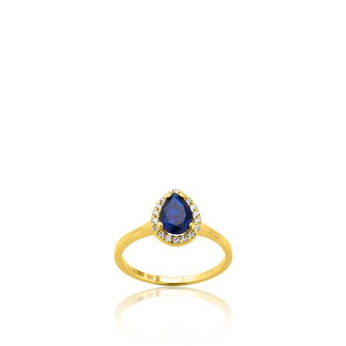 9K Yellow gold ring, white cubic zirconia and blue solitaire.