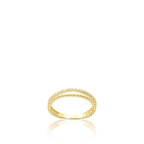 Δαχτυλίδι διπλό κίτρινο χρυσό Κ9, μπιλάκια και λευκά ζιργκόν.