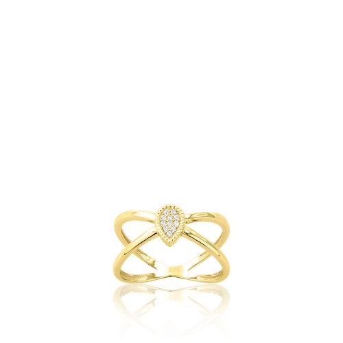 9K Yellow gold ring, white cubic zirconia teadrop.