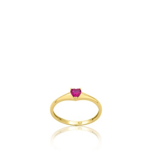 9K Yellow gold ring, fuchsia heart shaped solitaire.
