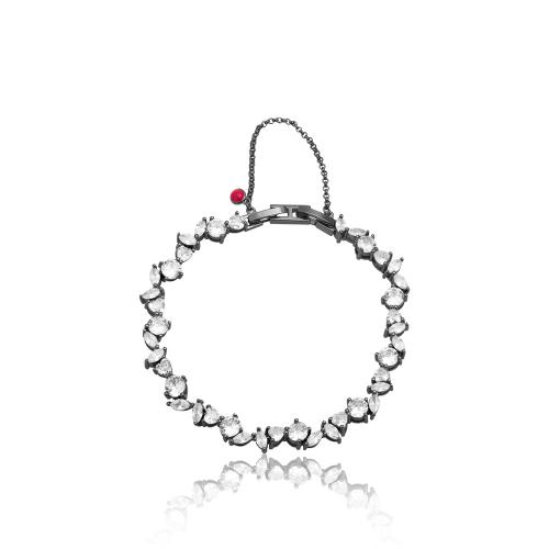 Black rhodium plated alloy bracelets, white solitaires, teardrops and hearts chain.