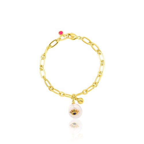 Yellow gold plated alloy bracelet, pearl with cubic zirconia evil eye.