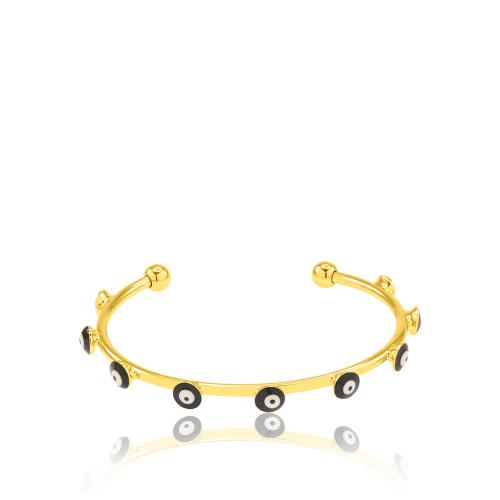 24Κ Yellow gold plated brass bracelet, black enamel evil eyes.