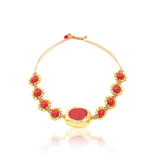Beige macrame bracelet, 24Κ Yellow gold plated brass balls and red semi precious stones.