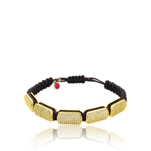 Black macrame bracelet, 24Κ Yellow gold plated brass white cubic zirconia ovals.